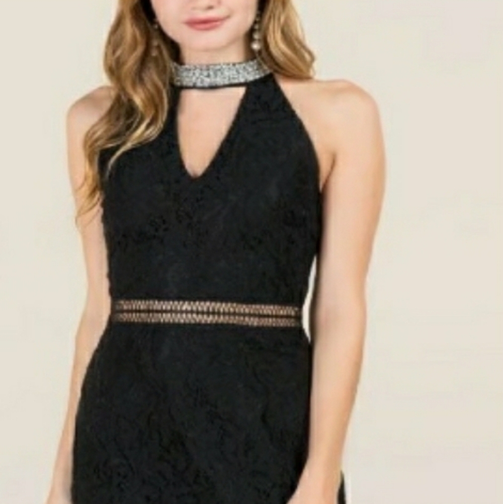 Francesca’s Celebration Black Lace Pearl Neckline Halter Dress, Size M